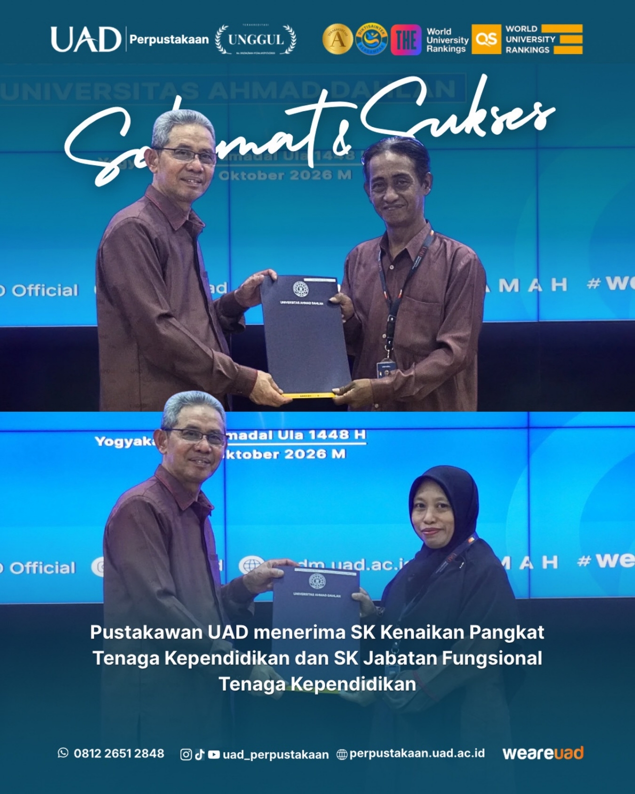 Penyerahan Surat Keputusan Jabatan Fungsional dan Kenaikan Pangkat Tenaga Kependidikan UAD